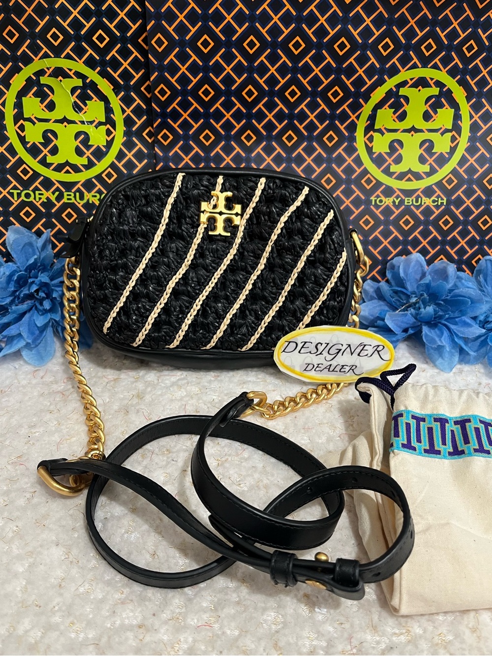Tory Burch Kira Crochet Raffia Small Camera Bag Crossbody EUC!